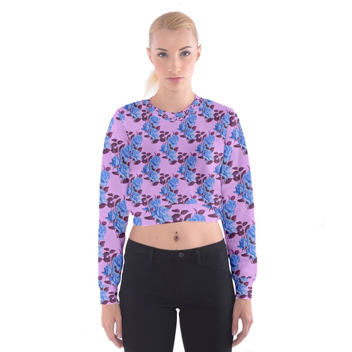 Roses Flowers Background Leaves Cropped Sweatshirt