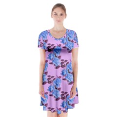 Roses Flowers Background Leaves Short Sleeve V-neck Flare Dress by Ravend