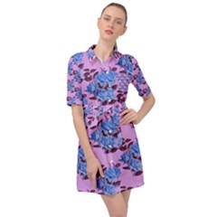 Roses Flowers Background Leaves Belted Shirt Dress by Ravend