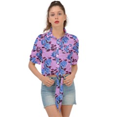 Roses Flowers Background Leaves Tie Front Shirt 