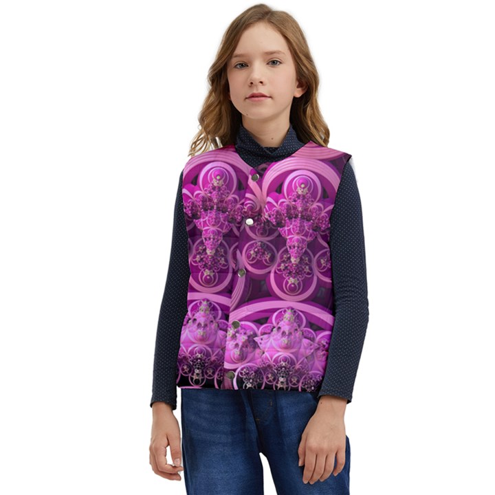 Fractal-math-geometry-visualization Pink Kid s Short Button Up Puffer Vest	