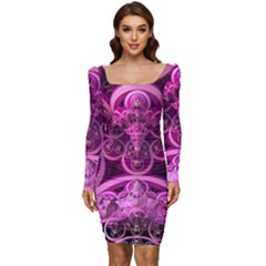 Fractal-math-geometry-visualization Pink Women Long Sleeve Ruched Stretch Jersey Dress by Pakrebo