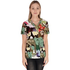 Zoo-animals-peacock-lion-hippo Women s V-neck Scrub Top by Pakrebo