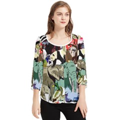 Zoo-animals-peacock-lion-hippo Chiffon Quarter Sleeve Blouse by Pakrebo