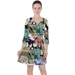 Zoo-animals-peacock-lion-hippo Quarter Sleeve Ruffle Waist Dress by Pakrebo