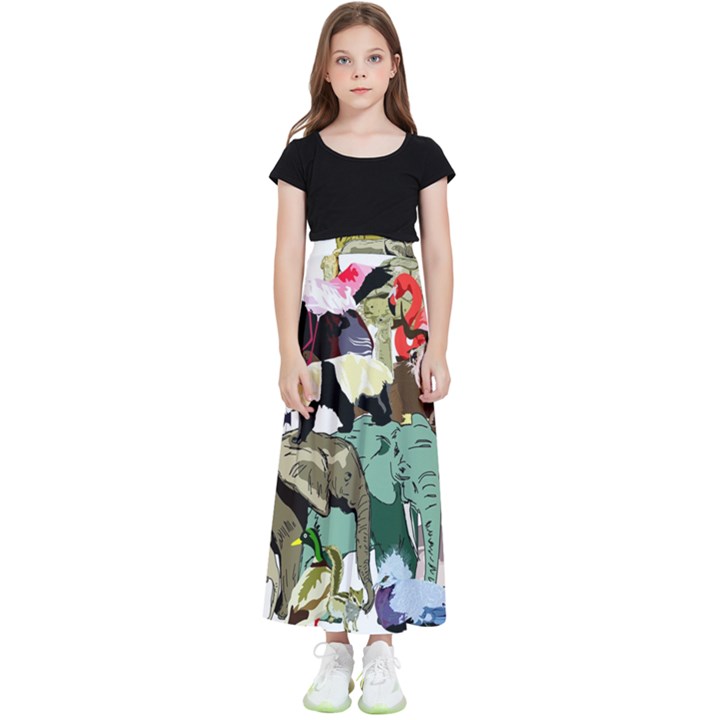 Zoo-animals-peacock-lion-hippo Kids  Flared Maxi Skirt