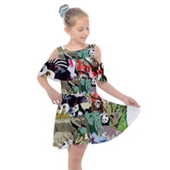 Zoo-animals-peacock-lion-hippo Kids  Shoulder Cutout Chiffon Dress by Pakrebo