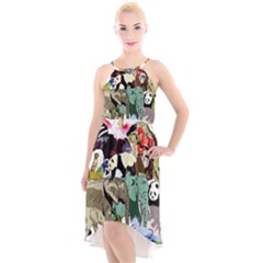 Zoo-animals-peacock-lion-hippo High-low Halter Chiffon Dress  by Pakrebo