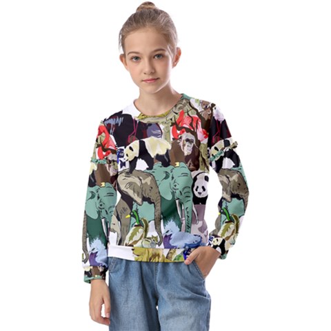 Zoo-animals-peacock-lion-hippo Kids  Long Sleeve Tee With Frill  by Pakrebo