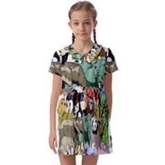 Zoo-animals-peacock-lion-hippo Kids  Asymmetric Collar Dress by Pakrebo