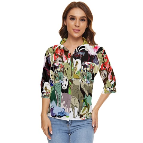 Zoo-animals-peacock-lion-hippo Women s Quarter Sleeve Pocket Shirt by Pakrebo