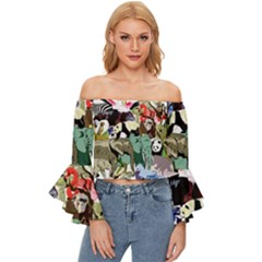 Zoo-animals-peacock-lion-hippo Off Shoulder Flutter Bell Sleeve Top