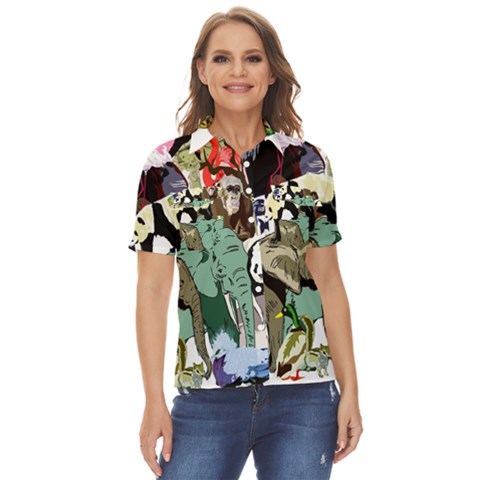 Zoo-animals-peacock-lion-hippo Women s Short Sleeve Double Pocket Shirt by Pakrebo