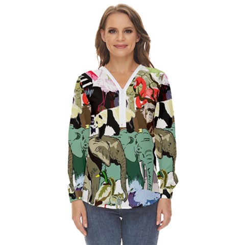 Zoo-animals-peacock-lion-hippo Zip Up Long Sleeve Blouse by Pakrebo