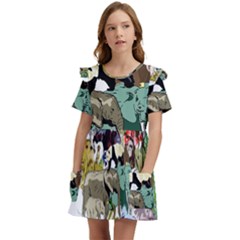 Zoo-animals-peacock-lion-hippo Kids  Frilly Sleeves Pocket Dress by Pakrebo