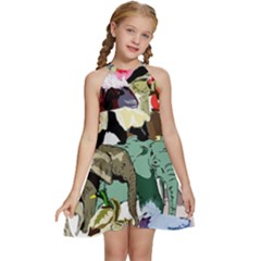 Zoo-animals-peacock-lion-hippo Kids  Halter Collar Waist Tie Chiffon Dress by Pakrebo