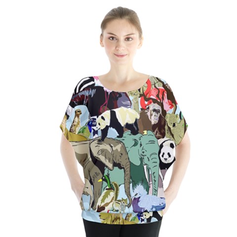 Zoo-animals-peacock-lion-hippo- Batwing Chiffon Blouse by Pakrebo