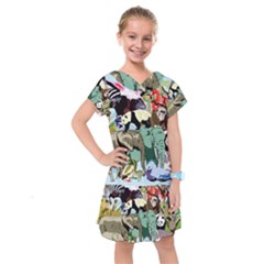 Zoo-animals-peacock-lion-hippo- Kids  Drop Waist Dress by Pakrebo