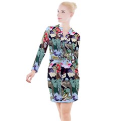 Zoo-animals-peacock-lion-hippo- Button Long Sleeve Dress by Pakrebo