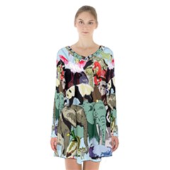 Zoo-animals-peacock-lion-hippo- Long Sleeve Velvet V-neck Dress