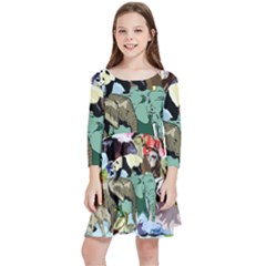 Zoo-animals-peacock-lion-hippo- Kids  Quarter Sleeve Skater Dress by Pakrebo