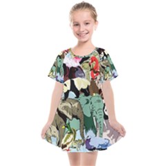 Zoo-animals-peacock-lion-hippo- Kids  Smock Dress by Pakrebo