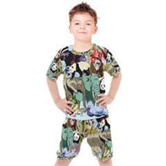 Zoo-animals-peacock-lion-hippo- Kids  Tee And Shorts Set by Pakrebo