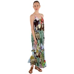 Zoo-animals-peacock-lion-hippo- Cami Maxi Ruffle Chiffon Dress by Pakrebo