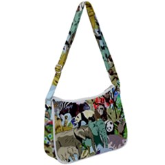 Zoo-animals-peacock-lion-hippo- Zip Up Shoulder Bag by Pakrebo