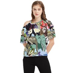 Zoo-animals-peacock-lion-hippo- One Shoulder Cut Out Tee by Pakrebo