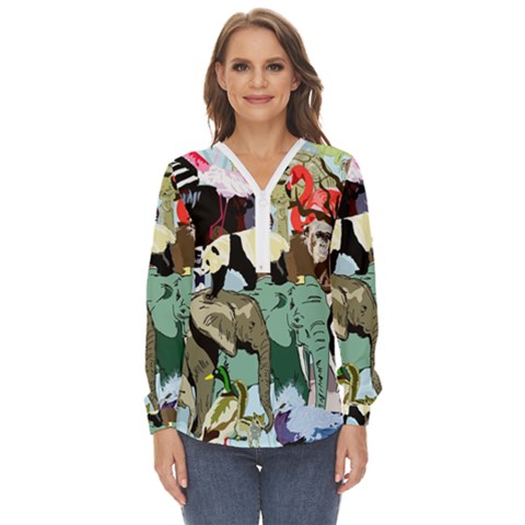 Zoo-animals-peacock-lion-hippo- Zip Up Long Sleeve Blouse by Pakrebo