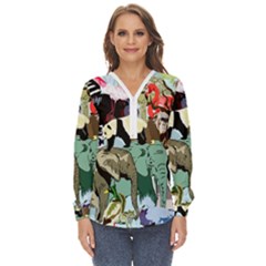 Zoo-animals-peacock-lion-hippo- Zip Up Long Sleeve Blouse