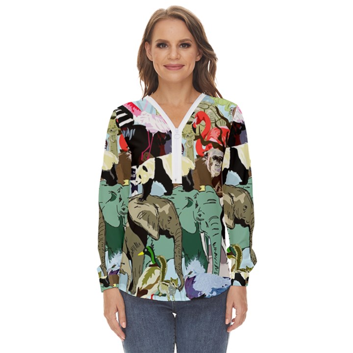 Zoo-animals-peacock-lion-hippo- Zip Up Long Sleeve Blouse