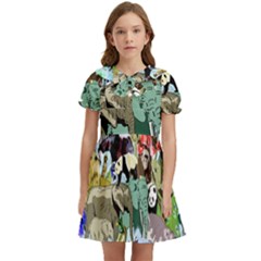 Zoo-animals-peacock-lion-hippo- Kids  Bow Tie Puff Sleeve Dress by Pakrebo