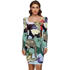 Zoo-animals-peacock-lion-hippo- Women Long Sleeve Ruched Stretch Jersey Dress by Pakrebo