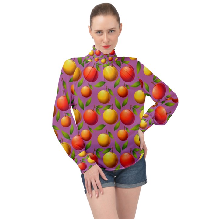 Illustration Fruit Pattern Seamless High Neck Long Sleeve Chiffon Top