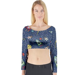 Illustration Cat Space Astronaut Rocket Maze Long Sleeve Crop Top by Ravend