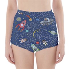 Illustration Cat Space Astronaut Rocket Maze High-waisted Bikini Bottoms by Ravend