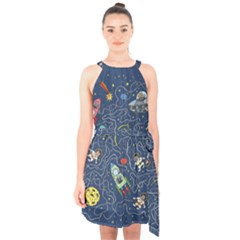 Illustration Cat Space Astronaut Rocket Maze Halter Collar Waist Tie Chiffon Dress by Ravend