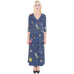 Illustration Cat Space Astronaut Rocket Maze Quarter Sleeve Wrap Maxi Dress by Ravend