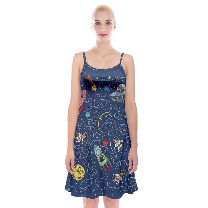 Illustration Cat Space Astronaut Rocket Maze Spaghetti Strap Velvet Dress