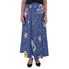 Illustration Cat Space Astronaut Rocket Maze Flared Maxi Skirt by Ravend