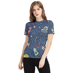 Illustration Cat Space Astronaut Rocket Maze Women s Short Sleeve Rash Guard by Ravend