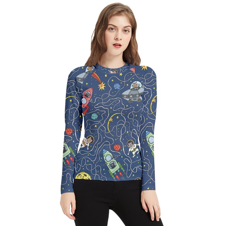 Illustration Cat Space Astronaut Rocket Maze Women s Long Sleeve Rash Guard