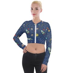 Illustration Cat Space Astronaut Rocket Maze Long Sleeve Cropped Velvet Jacket by Ravend