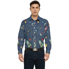 Illustration Cat Space Astronaut Rocket Maze Men s Long Sleeve Pocket Shirt  by Ravend