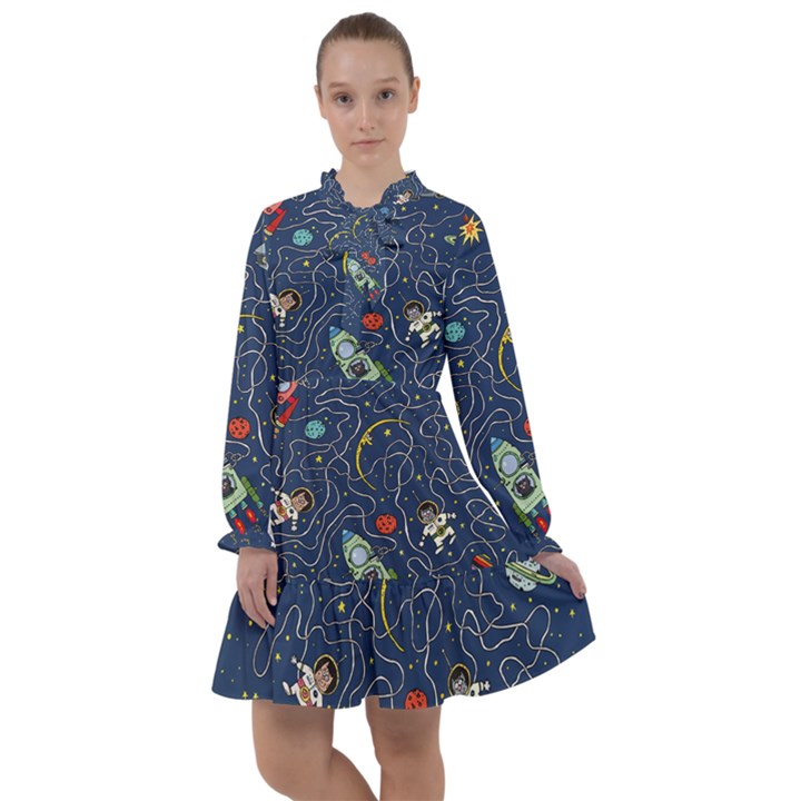 Illustration Cat Space Astronaut Rocket Maze All Frills Chiffon Dress