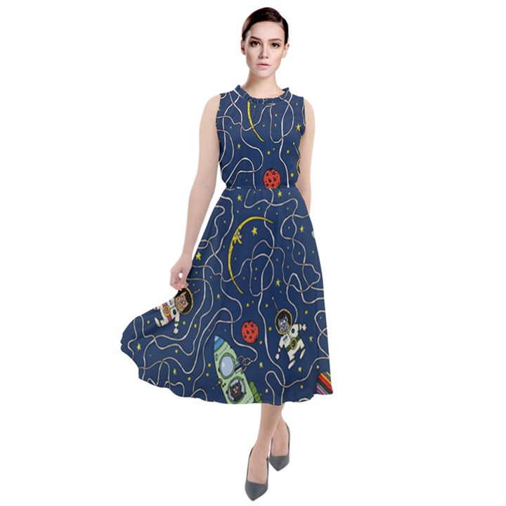 Illustration Cat Space Astronaut Rocket Maze Round Neck Boho Dress