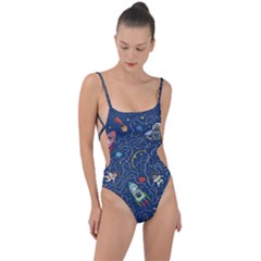 Illustration Cat Space Astronaut Rocket Maze Tie Strap One Piece Swimsuit by Ravend