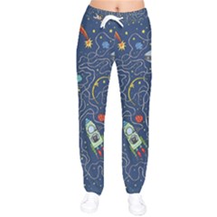 Illustration Cat Space Astronaut Rocket Maze Women Velvet Drawstring Pants